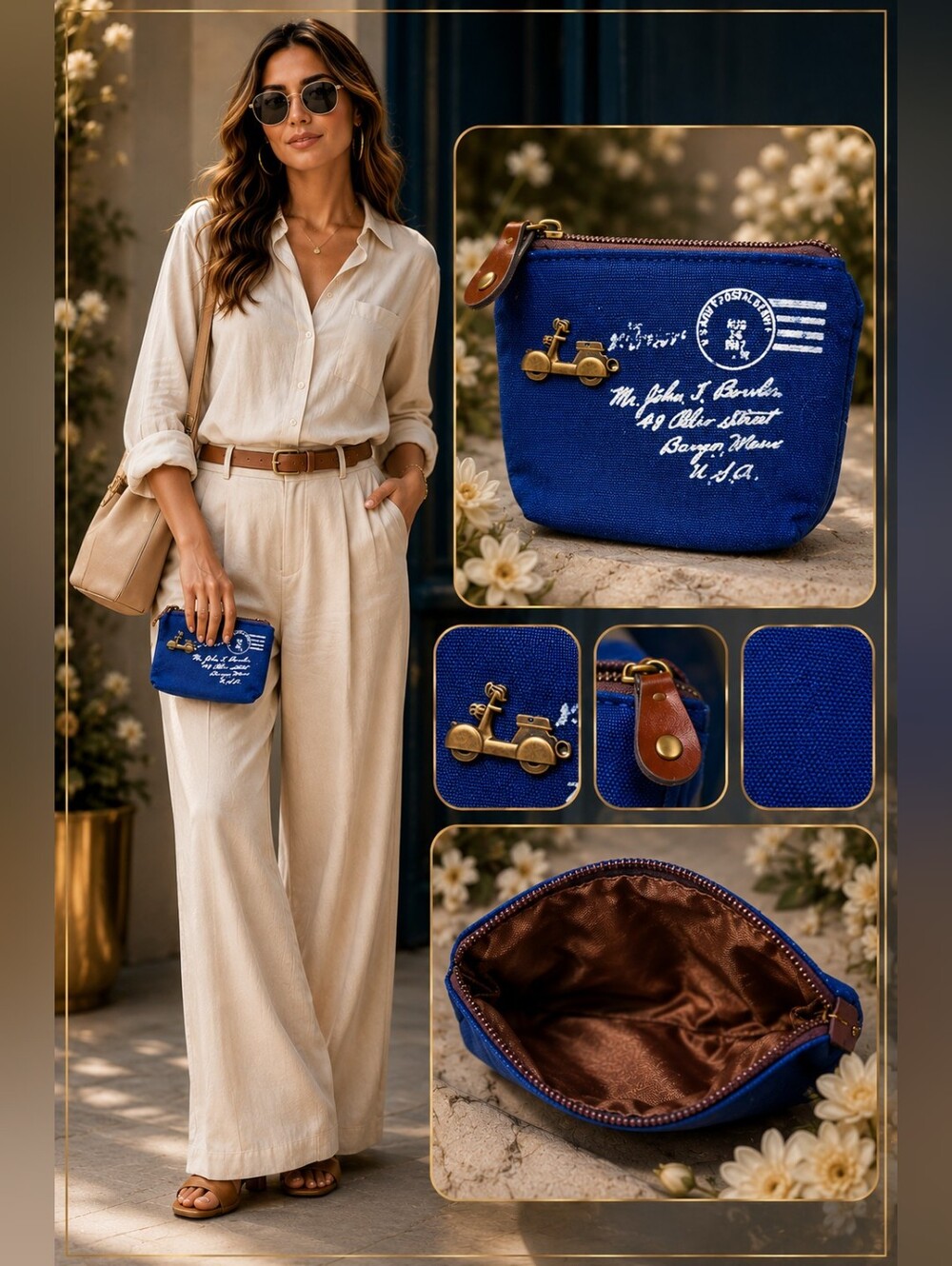 Vintage Blue Canvas Coin Purse | Retro Scooter Charm Zipper Pouch | Mini Wallet